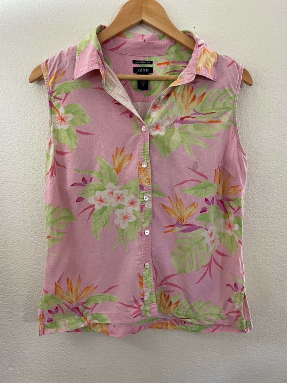 Izod Pink 100% silk Tropical Floral Sleeveless Button-Down Shirt 12